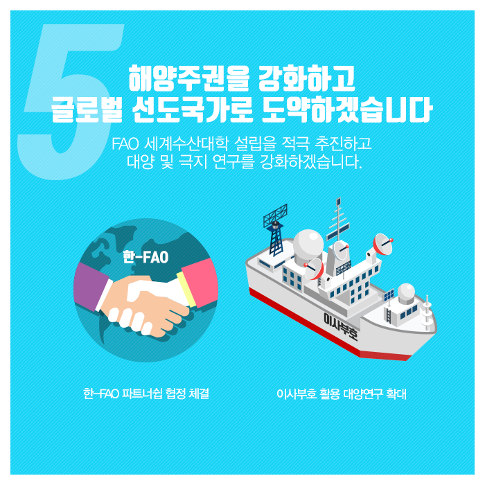 5.해양주권을 강화하고 글로벌 선도국가로 도약하겠습니다.(FAO 세계수산대학 설립을 적극 추진하고 대양 및 극지 연구를 강화하겠습니다.)