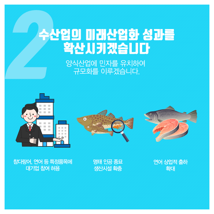 2.수산업의 미래산업화 성과를 확산시키겠습니다.(양식산업에 민자를 유치하여 규모화를 이루겠습니다.)