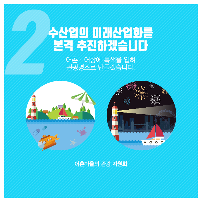 2.수산업의 미래산업화를 본격 추진하겠습니다.(어촌, 어항에 특색을 입혀 관광명소로 만들겠습니다.)