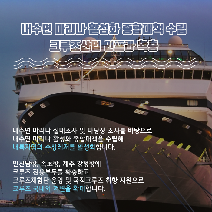 내수면 마리나 활성화 종합대책 수립 크루즈산업 인프라 확충 (내수면 마리나 실태조사 및 타당성 조사를 바탕으로 내수면 마리나 활성화 종합대책을 수립해 내륙지역의 수상레저를 활성화합니다. 인천남항, 속초항, 제주 강정항에 크루즈 전용부두를 확충하고 크루즈체험단 운영 및 국적크루즈 취항 지원으로 크루즈 국내외 저변을 확대합니다.)