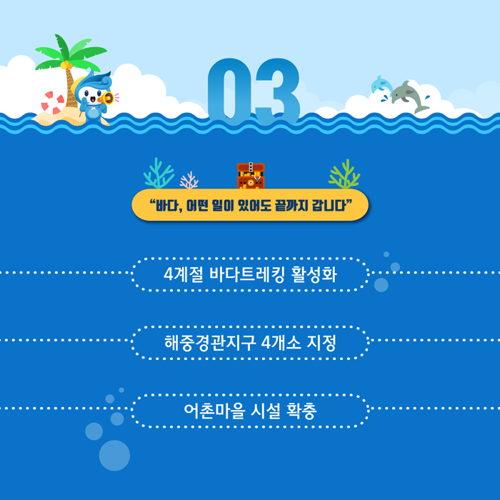 3. 바다 어떤 일이 있어도 끝까지 갑니다. 4계절 바다트레킹 활성화, 해중경관지구 4개소 지정, 어촌마을 시설 확충