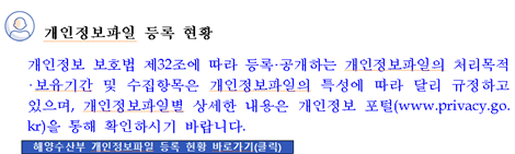 개인정보파일 등록 현황 ① 개인정보 보호법 제32조에 따라 등록공개하는 개인정보파일의 처리목적?보유기간 및 수집항목은 개인정보파일의 특성에 따라 달리 규정하고 있으며, 개인정보파일별 상세한 내용은 개인정보 포털(www.privacy.go.kr)을 통해 확인하시기 바랍니다. 해양수산부 개인정보파일 등록 현황 바로가기(클릭)