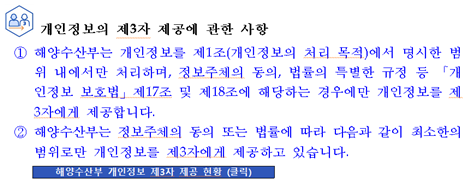 개인정보의 제3자 제공에 관한 사항 ① 해양수산부는 정보주체의 개인정보를 개인정보의 처리목적에서 명시한 범위 내에서만 처리하며, 정보주체의 동의, 법률의 특별한 규정 등 「개인정보 보호법」제17조 및 제18조에 해당하는 경우에만 개인정보를 제3자에게 제공하고 그 이외에는 정보주체의 개인정보를 제3자에게 제공하지 않습니다. ② 해양수산부는 정보주체의 동의 또는 법률에 따라 다음과 같이 최소한의 범위로만 개인정보를 제3자에게 제공하고 있습니다. 해양수산부 개인정보 제3자 제공 현황 보기(클릭)