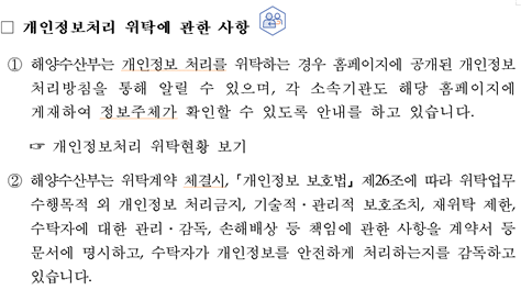 개인정보처리 위탁에 관한 사항 ①해양수산부는 개인정보 처리를 위탁하는 경우 홈페이지에 공개된 개인정보 처리방침을 통해 알릴 수 있으며, 각 소속기관도 해당 홈페이지에 게재하여 정보주체가 확인할 수 있도록 안내를 하고 있습니다. ②해양수산부는 위탁계약 체결시,「개인정보 보호법」제26조에 따라 위탁업무 수행목적 외 개인정보 처리금지, 기술적ㆍ관리적 보호조치, 재위탁 제한, 수탁자에 대한 관리ㆍ감독, 손해배상 등 책임에 관한 사항을 계약서 등 문서에 명시하고, 수탁자가 개인정보를 안전하게 처리하는지를 감독하고 있습니다.