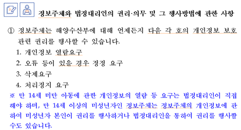 정보주체와 법정대리인의 권리의무 및 그 행사방법에 관한 사항 ① 정보주체는 해양수산부에 대해 언제든지 개인정보 열람·정정·삭제·처리정지 요구 등의 권리를 행사할 수 있습니다.1. 개인정보 열람요구 2. 오류 등이 있을 경우 정정 요구  3. 삭제요구 4. 처리정지 요구 ※ 만 14세 미만 아동에 관한 개인정보의 열람 등 요구는 법정대리인이 직접 해야 하며, 만 14세 이상의 미성년자인 정보주체는 정보주체의 개인정보에 관하여 미성년자 본인이 권리를 행사하거나 법정대리인을 통하여 권리를 행사할 수도 있습니다.