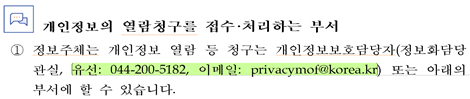 개인정보의 열람청구를 접수처리하는 부서 ① 정보주체는 개인정보 열람 등 청구는 개인정보보호담당자(정보화담당관실, 유선: 044-200-5182, 이메일: privacymof@korea.kr) 또는 아래의 부서에 할 수 있습니다.