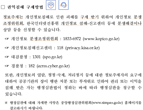 권익침해 구제방법 정보주체는 개인정보침해로 인한 피해를 구제 받기 위하여 개인정보 분쟁조정위원회, 한국인터넷진흥원 개인정보 침해-신고센터 등에 분쟁해결이나 상담 등을 신청할 수 있습니다. 개인정보 분쟁조정위원회 : 1833-6972 (www.kopico.go.kr) 개인정보침해신고센터 : 118 (privacy.kisa.or.kr) 대검찰청 : 1301 (spo.go.kr) 경찰청 : 182 (ecrm.cyber.go.kr) 또한, 개인정보의 열람, 정정·삭제, 처리정지 등에 대한 정보주체자의 요구에 대하여 공공기관의 장이 행한 처분 또는 부작위로 인하여 권리 또는 이익을 침해 받은 자는 행정심판법이 정하는 바에 따라 행정심판을 청구할 수 있습니다. ※ 행정심판에 대해 자세한 사항은 중앙행정심판위원회(www.simpan.go.kr) 홈페이지를 참고하시기 바랍니다.