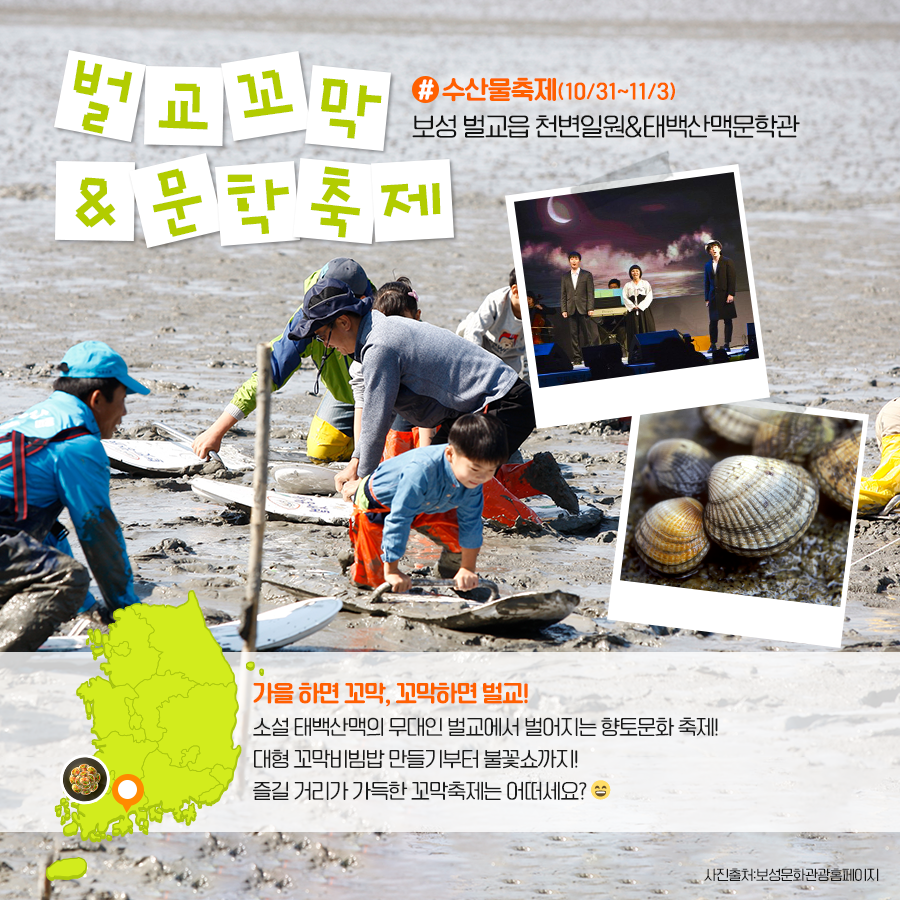 벌교꼬막&문학축제 #수산물축제(10/31~11/3) 보성 벌교읍 천변일원&태백산맥문학관 가을하면 꼬막, 꼬막하면 벌교! 소설 태백산맥의 무대인 벌교에서 벌어지는 향토문화 축제! 대형 꼬막비빔밥 만들기부터 불꽃쇼까지! 즐길 거리가 가득한 꼬막축제는 어떠세요?