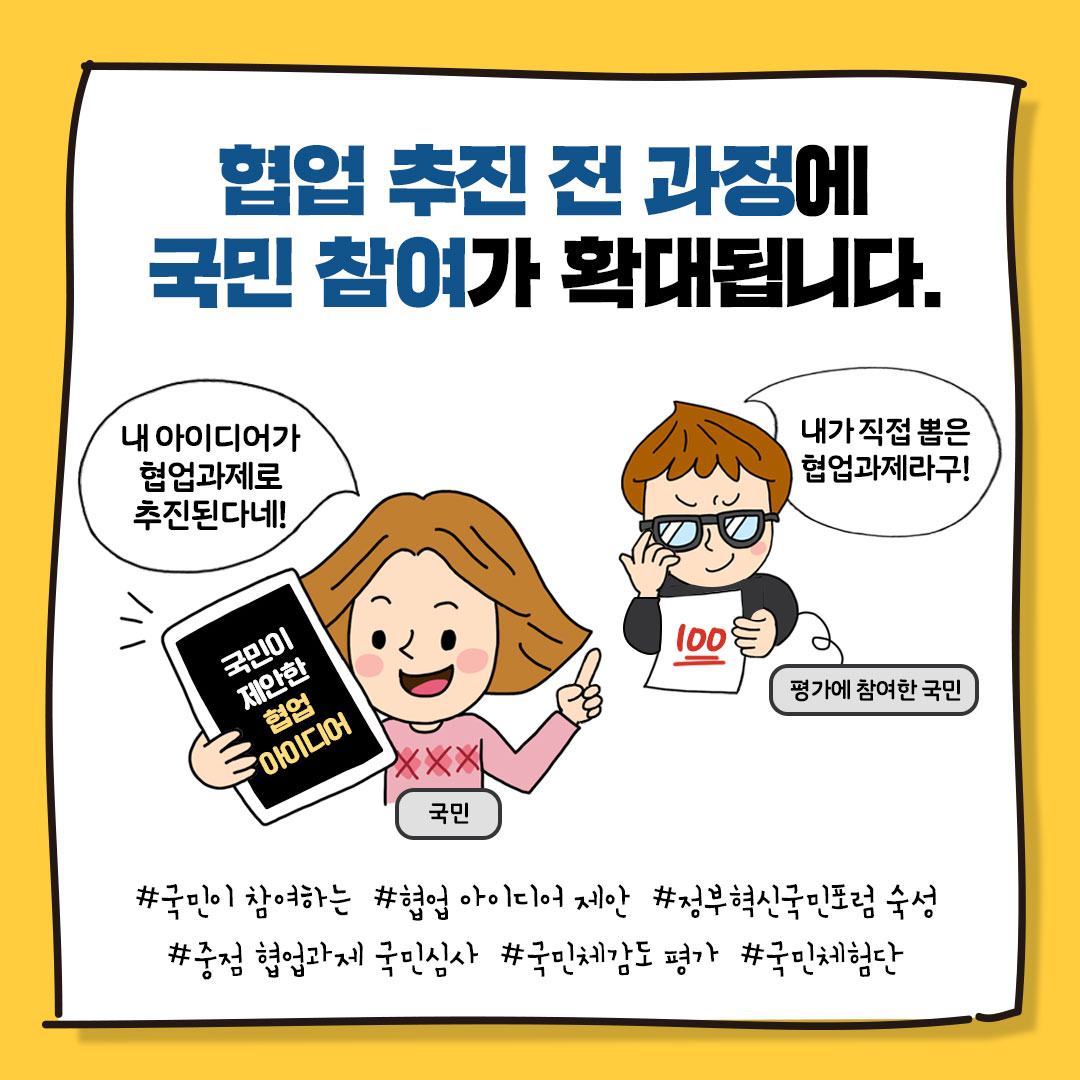 협업 추진 전 과정에
국민 참여가 확대됩니다.
국민 - 내 아이디어가 협업과제로 추진된다네
평가에 참여한 국민 - 내가 직접 뽑은 협업과제라구!
#국민이 참여하는 #협업 아이디어 제안 #정부혁신국민포럼 숙성
#중점 협업과제 국민심사 #국민체감도 평가 #국민체험단