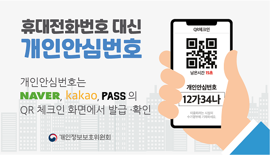 휴대전화번호 대신 개인안심번호 코로나19 방역을 위해 수기명부에 개인안심번호를 쓰면 소중한 개인정보를 지킬 수 있습니다! 발급:naver, pass, kakao 1)QR체크인 화면에서 확인! 이용 2)수기명부에 '개인안심번호'기재! *휴대전화번호도 기재 가능