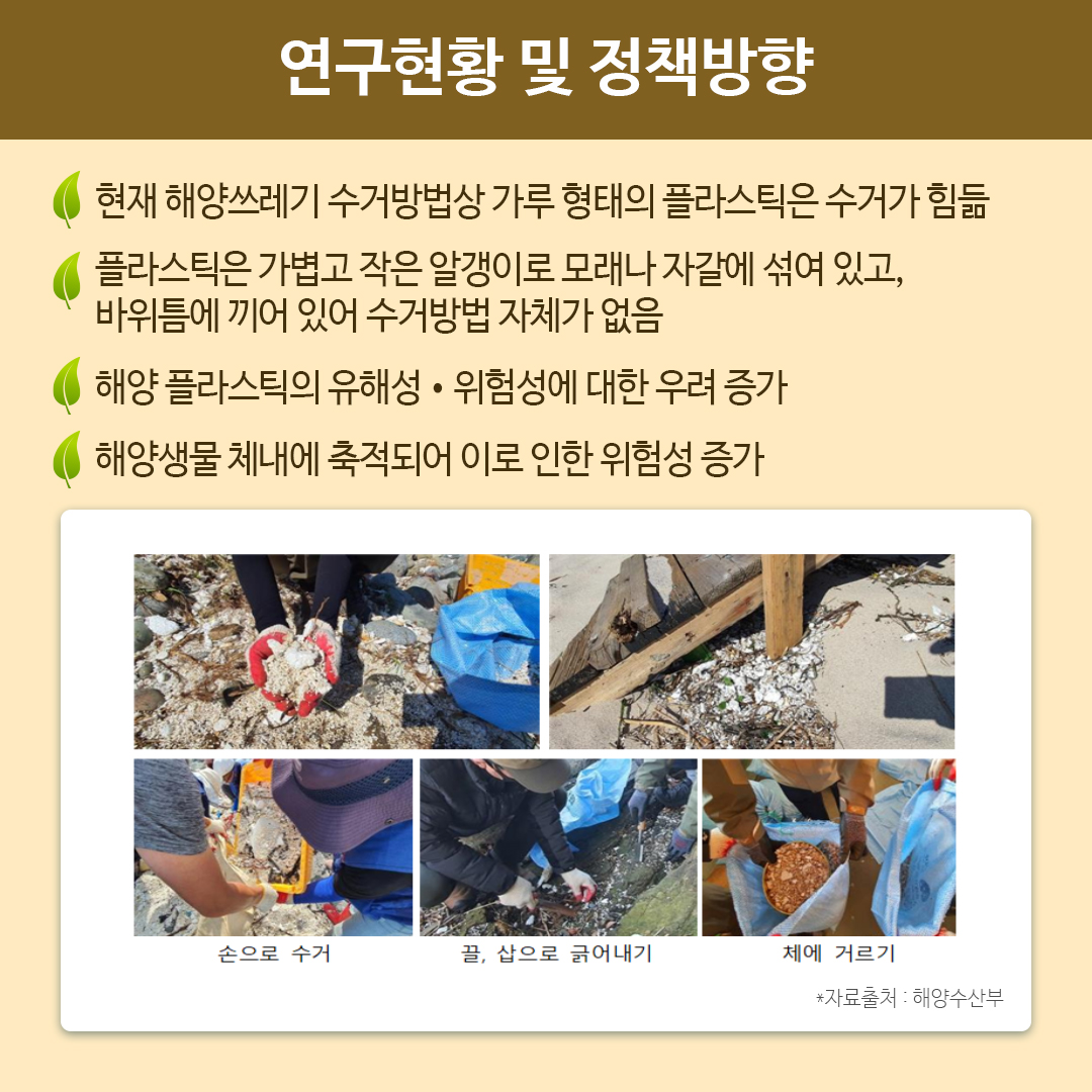 연구현황 및 정책방향
현재 해양쓰레기 수거방법상 가루 형태의 플라스틱은 수거가 힘듦
플라스틱은 가볍고 작은 알갱이로 모래나 자갈에 섞여 있고, 바위틈에 기어 있어 수거방법 자체가 없음
해양 플라스틱의 유해성.위험성에 대한 우려 증가
해양생물 체내에 축적되어 이로 인한 위험성 증가
손으로 수거
끌, 삽으로 긁어내기
체에 거르기
