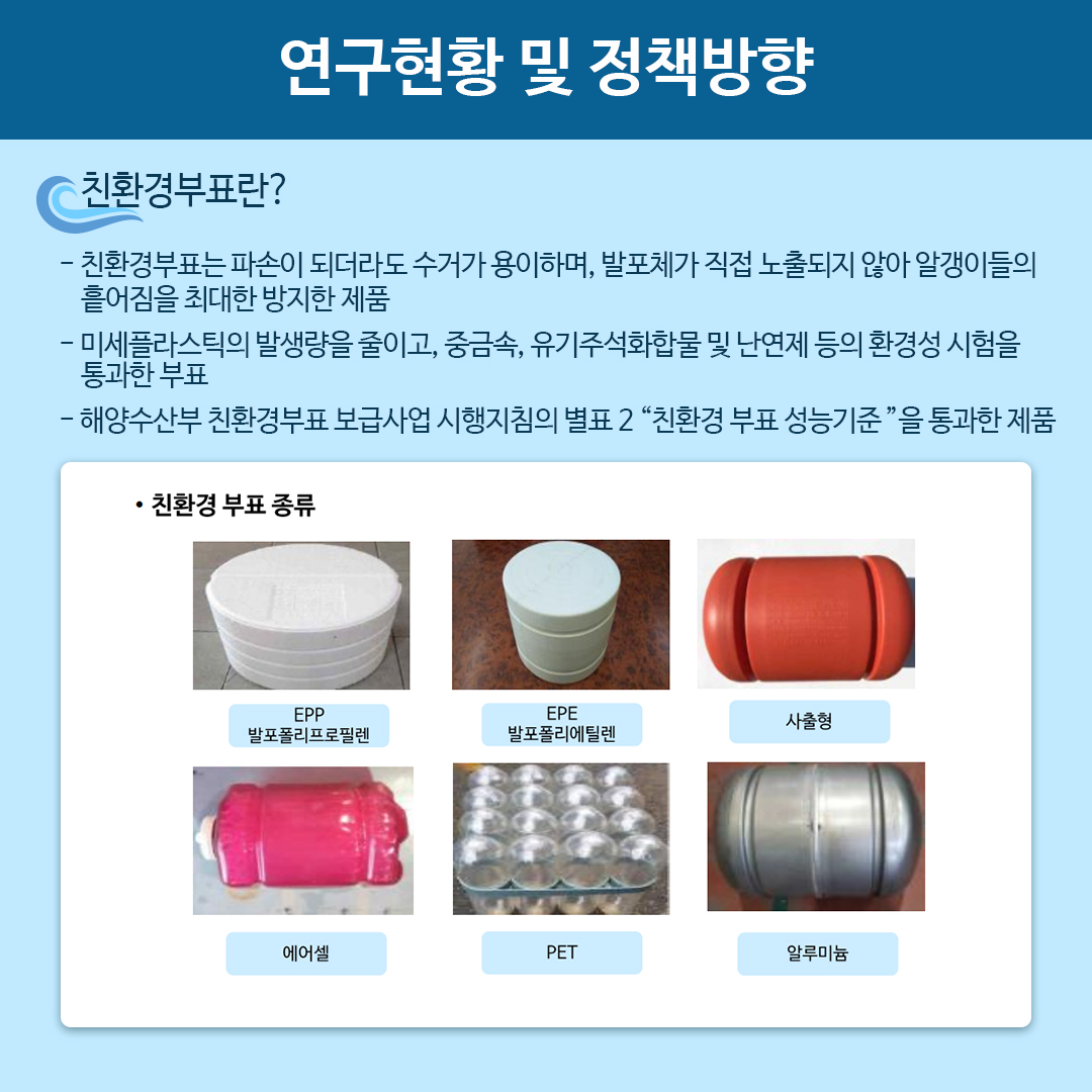 연구현황 및 정책방향
친환경부표란?
- 친환경부표는 파손이 되더라도 수거가 용이하며, 발포체가 직접 노출되지 않아 알랙이들의 흩어짐을 최대한 방지한 제품
- 미세플라스틱의 발생량을 줄이고, 중금속, 유기주석화합물 및 난연제 등의 환경성 시험을 통과한 부표
- 해양수산부 친환경부표 보급사업 시행지침의 별표 2 친환경 부표 성능기준을 통과한 제품

.친환경 부표 종류
EPP 발포폴리프로필렌
EPE 발포폴리에틸렌
사출형
에어셀
PET
알루미늄