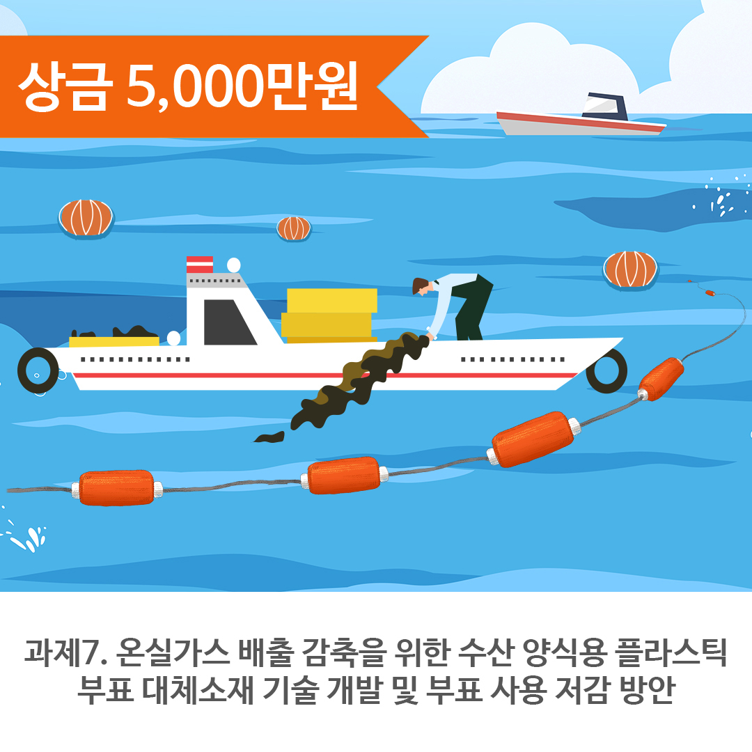 상금 5,000만원
과제7. 온실가스 배출 감축을 위한 수산 양식용 플라스틱부표 대체소재 기술 개발 및 부표 사용 저감 방안