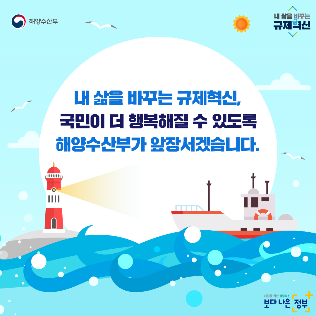 해양수산부 내 삶을 바꾸는 규제혁신 내 삶을 바꾸는 규제혁신, 국민이 더 행복해질 수 있도록 해양수산부가 앞장서겠습니다.