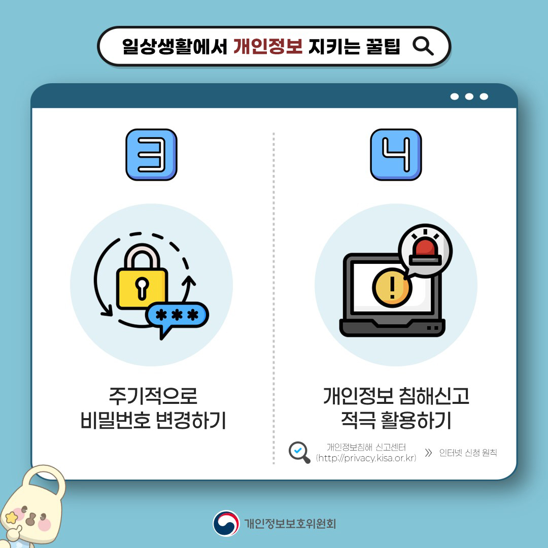 일상생활에서 개인정보 지키는 꿀팁! 3주기적으로 비밀번호 변경하기 4개인정보 침해신고 적극 활용하기 개인정보침해 신고센터(https://privacy.kisa.or.kr) >> 인터넷 신청 원칙 개인정보보호위원회